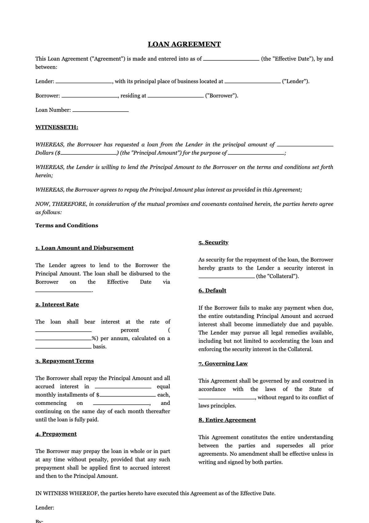 Loan Agreement Template with Fillable Fields for Lender and Borrower Details_variant_3